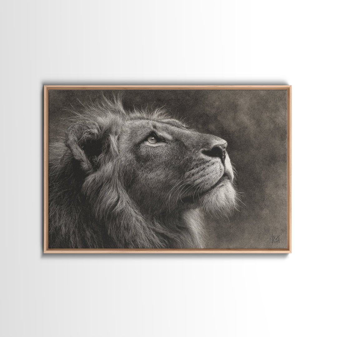Dramatic Black and White Lion Portrait Framed Canvas Print, Black and White Art, Gallery Decor, Living Room Decor, Monochrome, BAW-3x2-45