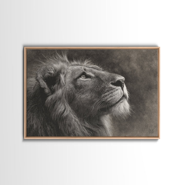 Dramatic Black and White Lion Portrait Framed Canvas Print, Black and White Art, Gallery Decor, Living Room Decor, Monochrome, BAW-3x2-45
