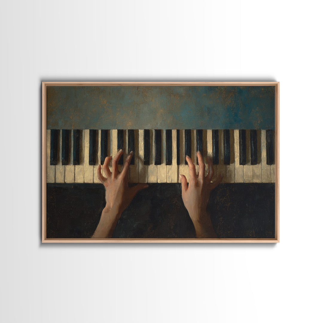 Piano Keys and Hands Framed Canvas Print, Black and White Art, Modern Wall Art, Living Room Decor, Oil Painting, Monochrome, BAW-3x2-50