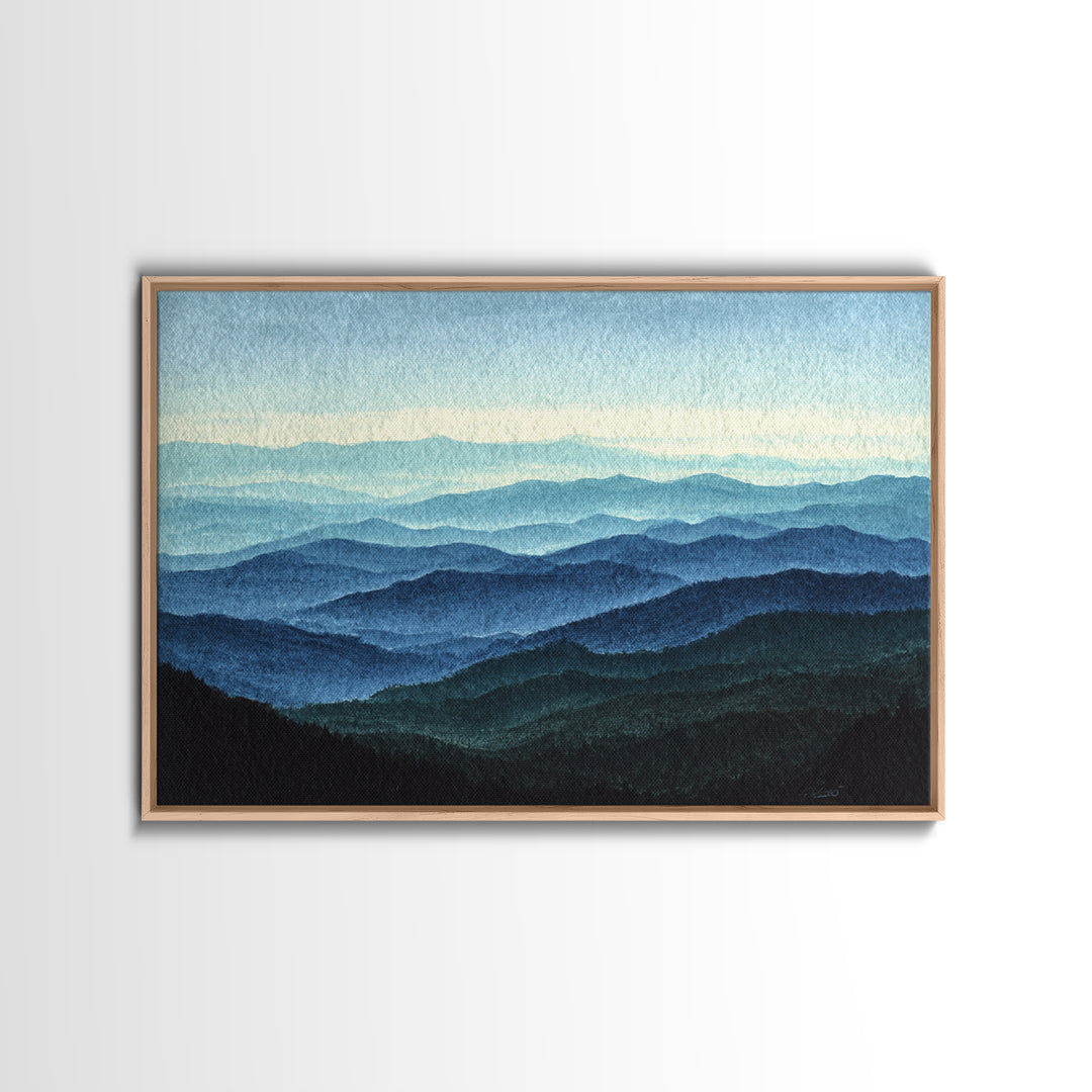 Black Ink Mountain Range Framed Canvas Print, Black and White Art, Wood Wall Art, Living Room Decor, Fine Art, Monochrome, BAW-3x2-6