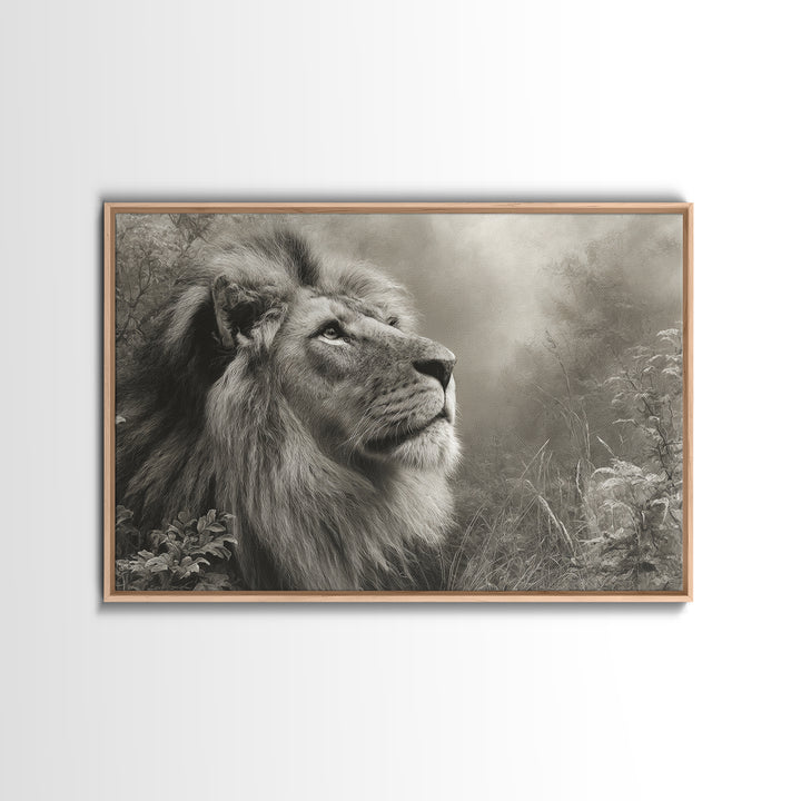 Dramatic Black and White Lion Portrait Framed Canvas Print, Black and White Art, Gallery Decor, Living Room Decor, Monochrome, BAW-3x2-69
