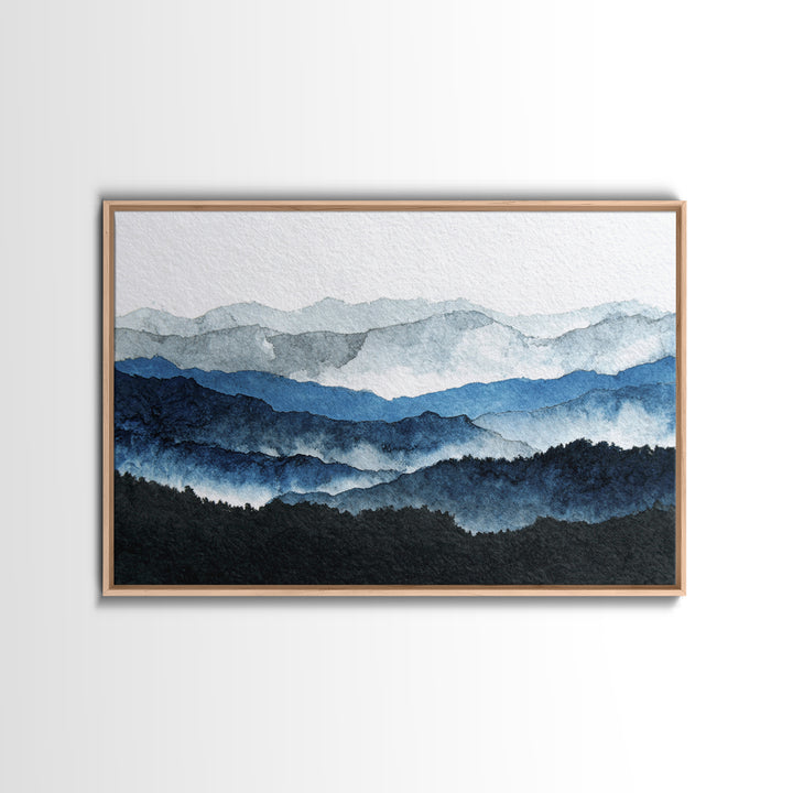 Black Ink Mountain Range Framed Canvas Print, Black and White Art, Cabin Decor, Living Room Decor, Fine Art, Monochrome, BAW-3x2-78