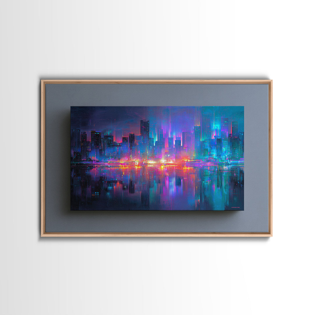Monochrome City Skyline Reflected Framed Canvas Print, Black and White Art, Art, Living Room Decor, Fine Art, Monochrome, BAW-3x2-87