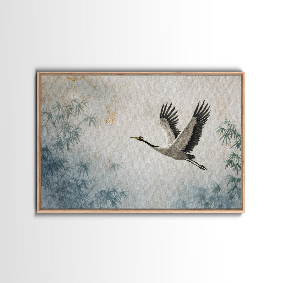 Black Ink Crane Flying Across Empty Sky Canvas Print, Black and White Art, Boho Decor, Living Room Decor, Oil Painting, BAW-3x2-89