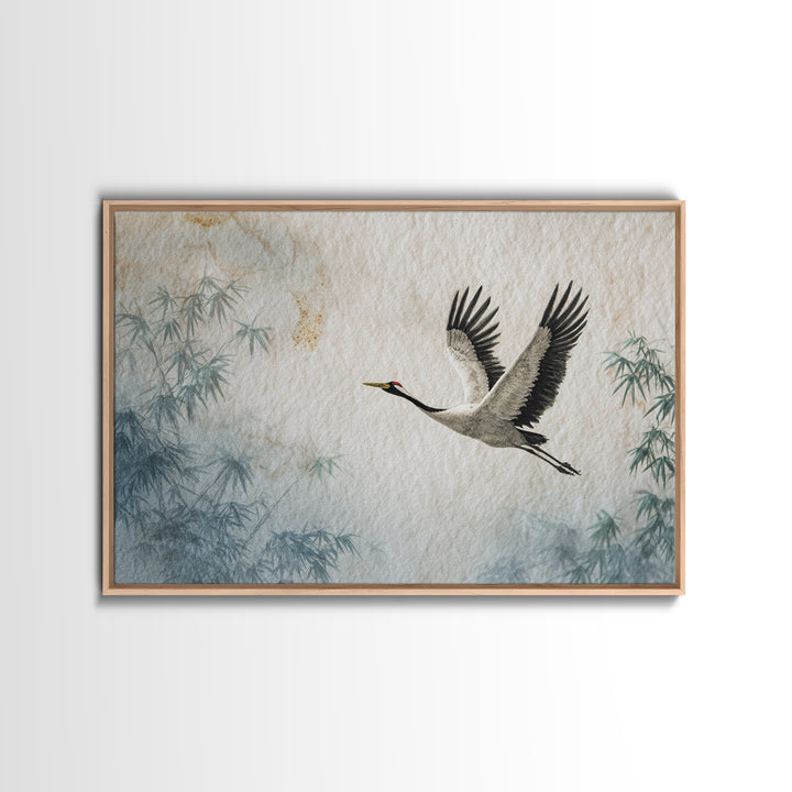 Black Ink Crane Flying Across Empty Sky Canvas Print, Black and White Art, Boho Decor, Living Room Decor, Oil Painting, BAW-3x2-89