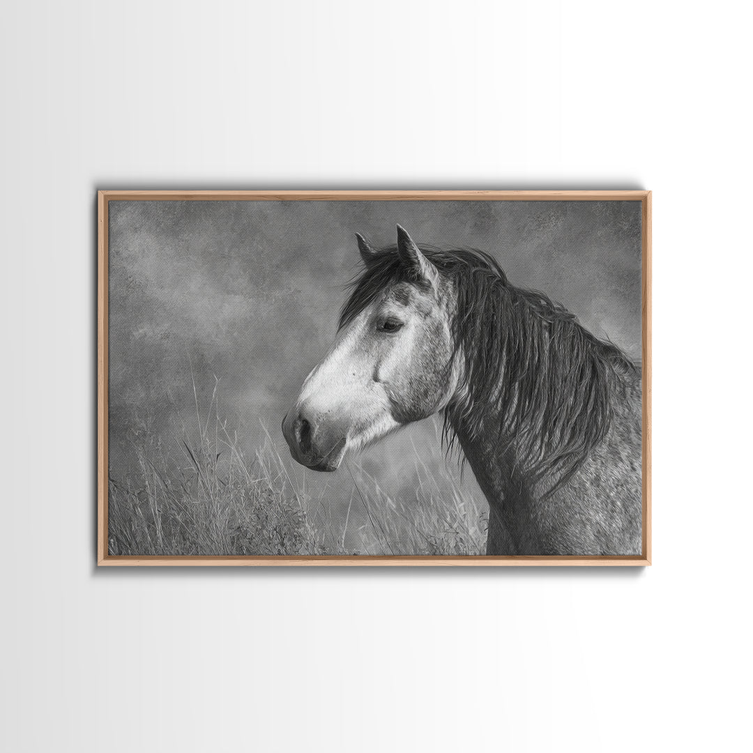 Black and White Wild Horse Portrait Framed Canvas Print, Black and White Art, Canvas Print, Living Room Decor, Monochrome, BAW-3x2-9