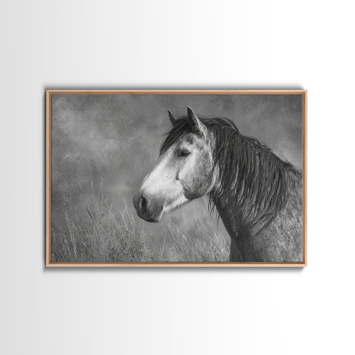 Black and White Wild Horse Portrait Framed Canvas Print, Black and White Art, Canvas Print, Living Room Decor, Monochrome, BAW-3x2-9