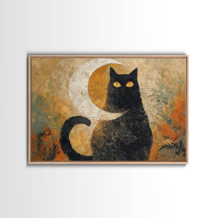 Black Cat Silhouette Framed Canvas Print, Black and White Art, Digital Prints, Living Room Decor, Fine Art, Monochrome, BAW-3x2-92