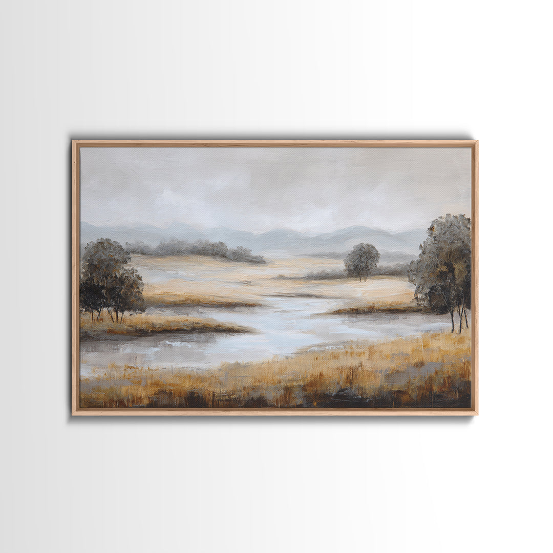 Misty Bridge Landscape Framed Canvas Print, Black and White Art, Printable, Living Room Decor, Monochrome, Retro Wall Art, BAW-3x2-95