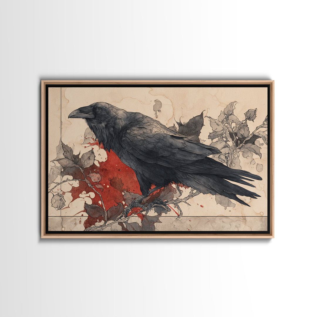 Ink Splatter Raven Composition Framed Canvas Print, Black and White Art, Halloween Decor, Living Room Decor, Monochrome, BAW-3x2-96