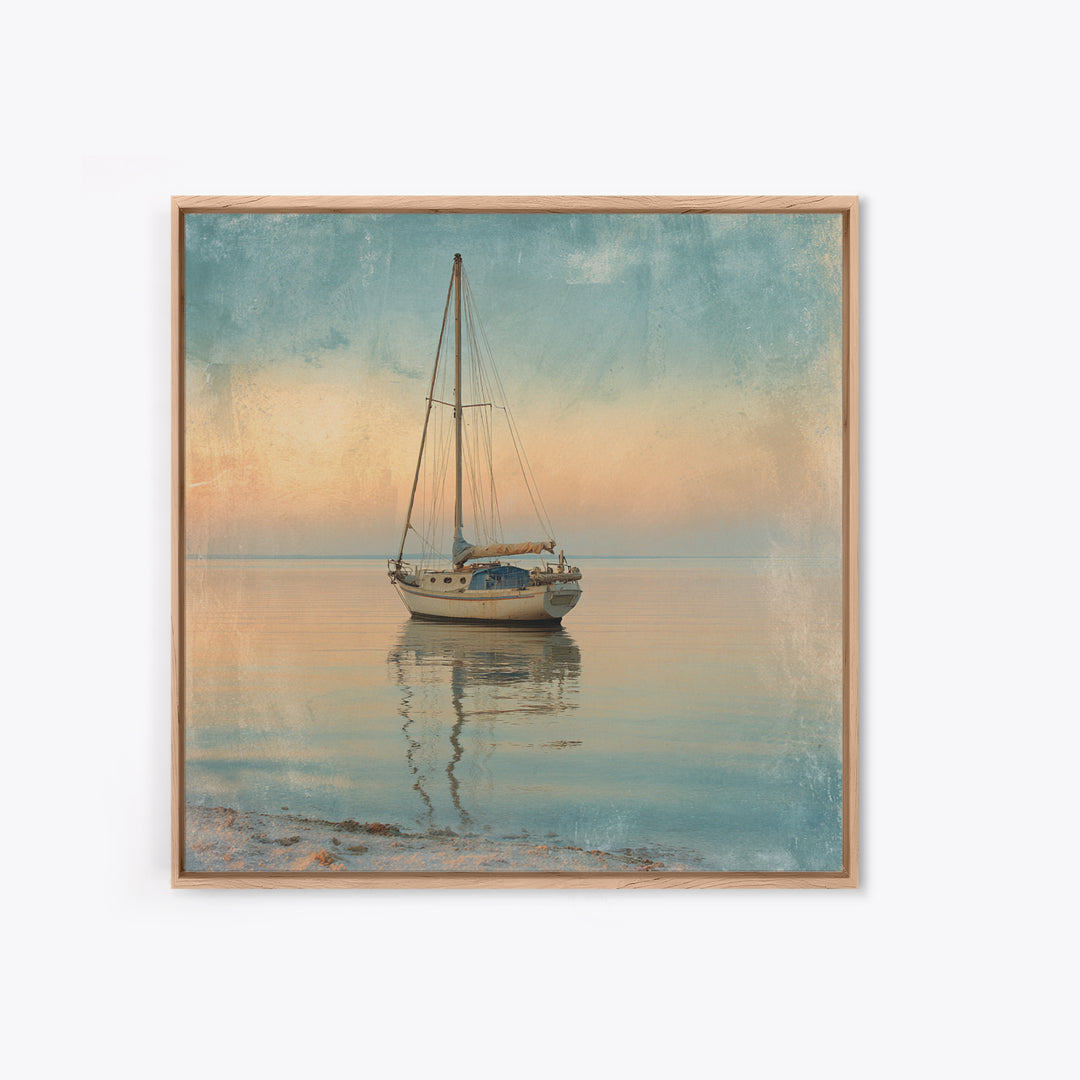 Sunset Sailboat Silhouette on Calm Water Canvas Print, Beach Art, Modern Art, Coastal Decor, Oil Painting, Shore, Luxury Decor, BEA-1x1-30
