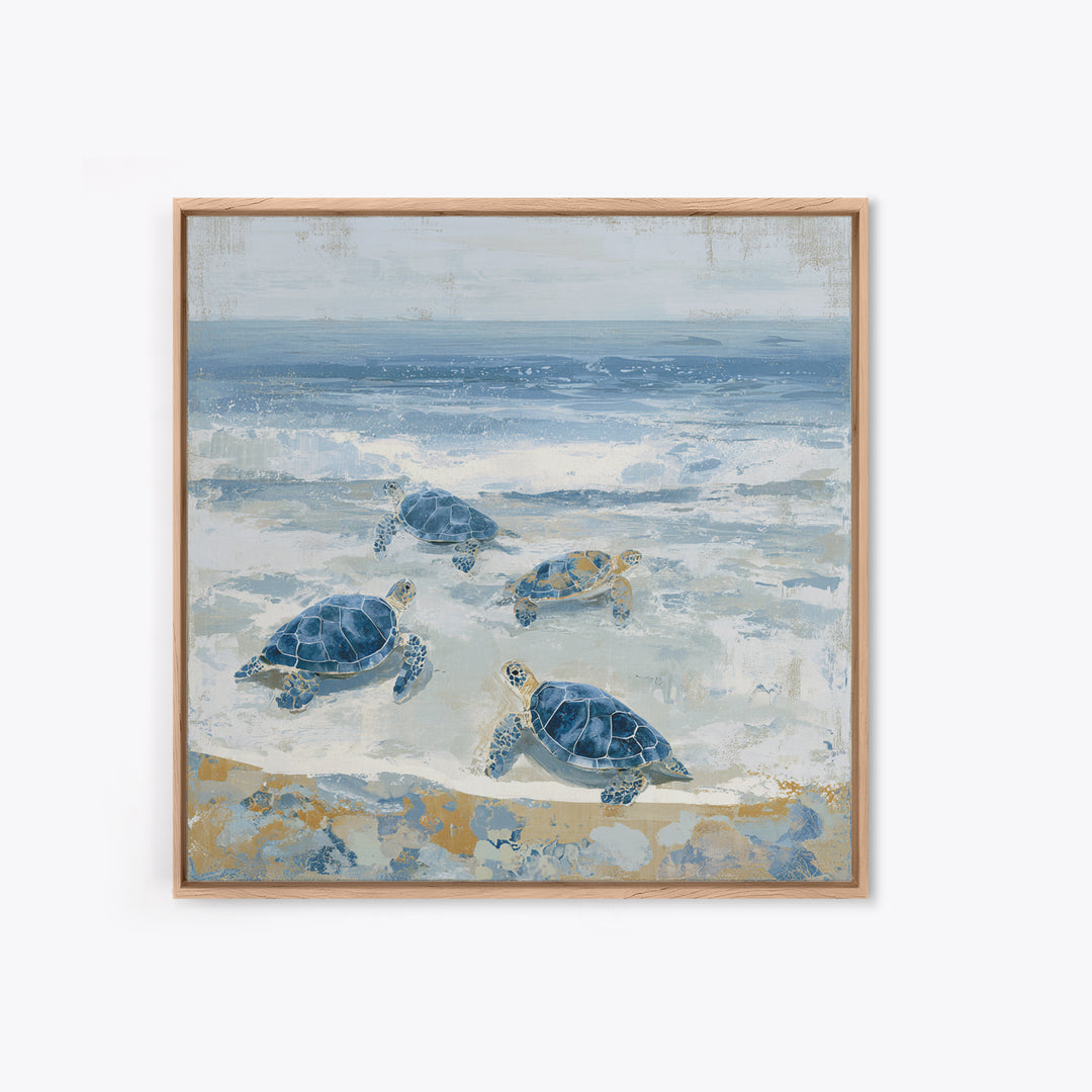 Family of Sea Turtles Crossing Moonlit Sand Framed Canvas Print, Beach Art, Coastal Art, Coastal Decor, Fine Art, Shore, BEA-1x1-38