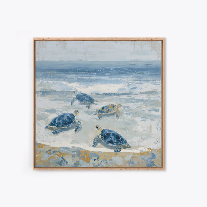 Family of Sea Turtles Crossing Moonlit Sand Framed Canvas Print, Beach Art, Coastal Art, Coastal Decor, Fine Art, Shore, BEA-1x1-38