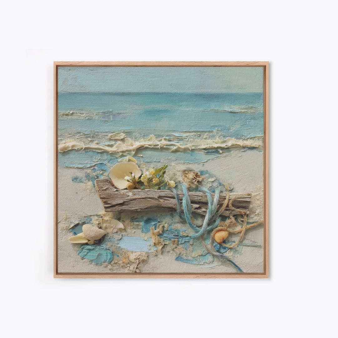 Driftwood and Wildflowers on Sand Framed Canvas Print, Beach Art, Coastal Decor, Oil Painting, Shore, Boho Decor, BEA-1x1-46