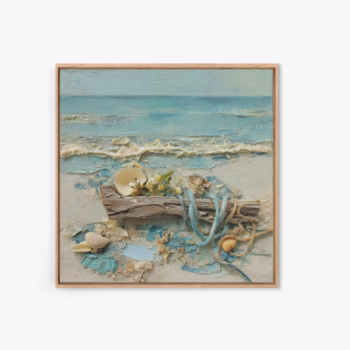 Driftwood and Wildflowers on Sand Framed Canvas Print, Beach Art, Coastal Decor, Oil Painting, Shore, Boho Decor, BEA-1x1-46