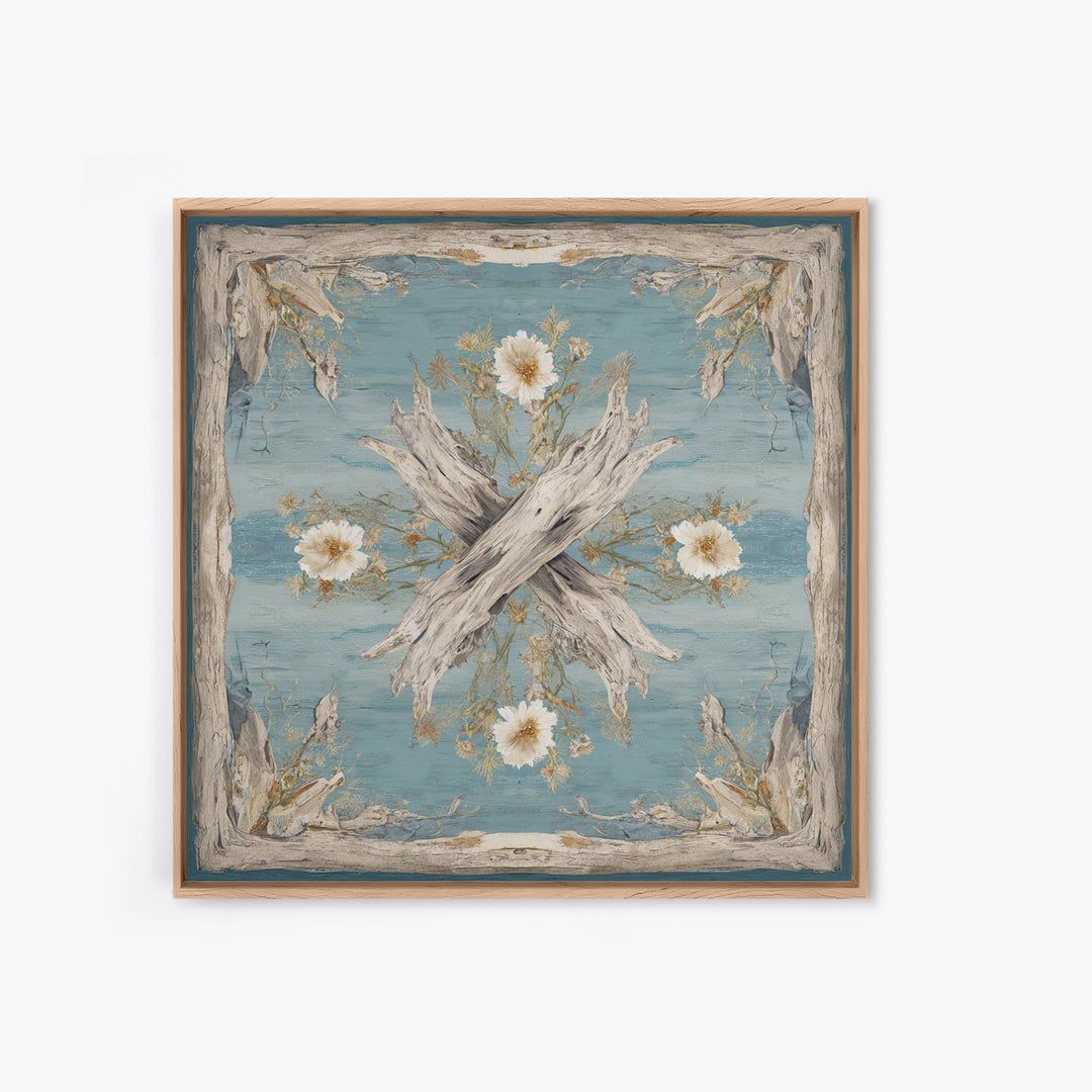 Driftwood and Wildflowers on Sand Framed Canvas Print, Beach Art, Coastal Decor, Oil Painting, Shore, Boho Decor, BEA-1x1-70