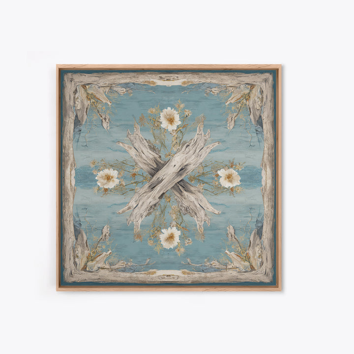 Driftwood and Wildflowers on Sand Framed Canvas Print, Beach Art, Coastal Decor, Oil Painting, Shore, Boho Decor, BEA-1x1-70