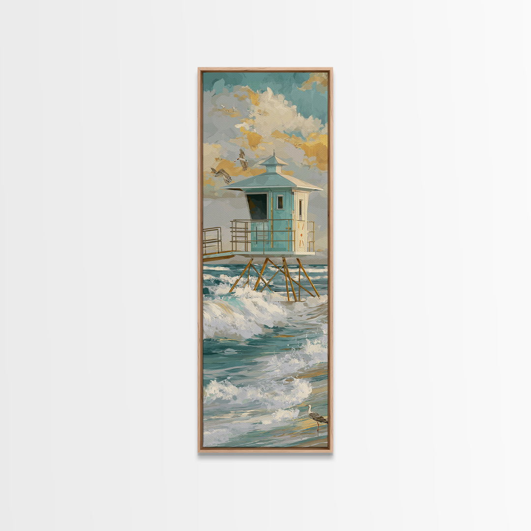 Quiet Lifeguard Tower at Golden Hour Framed Canvas Print, Beach Art, Coastal Decor, Abstract Art, Shore, Printable Art, BEA-1x3-15