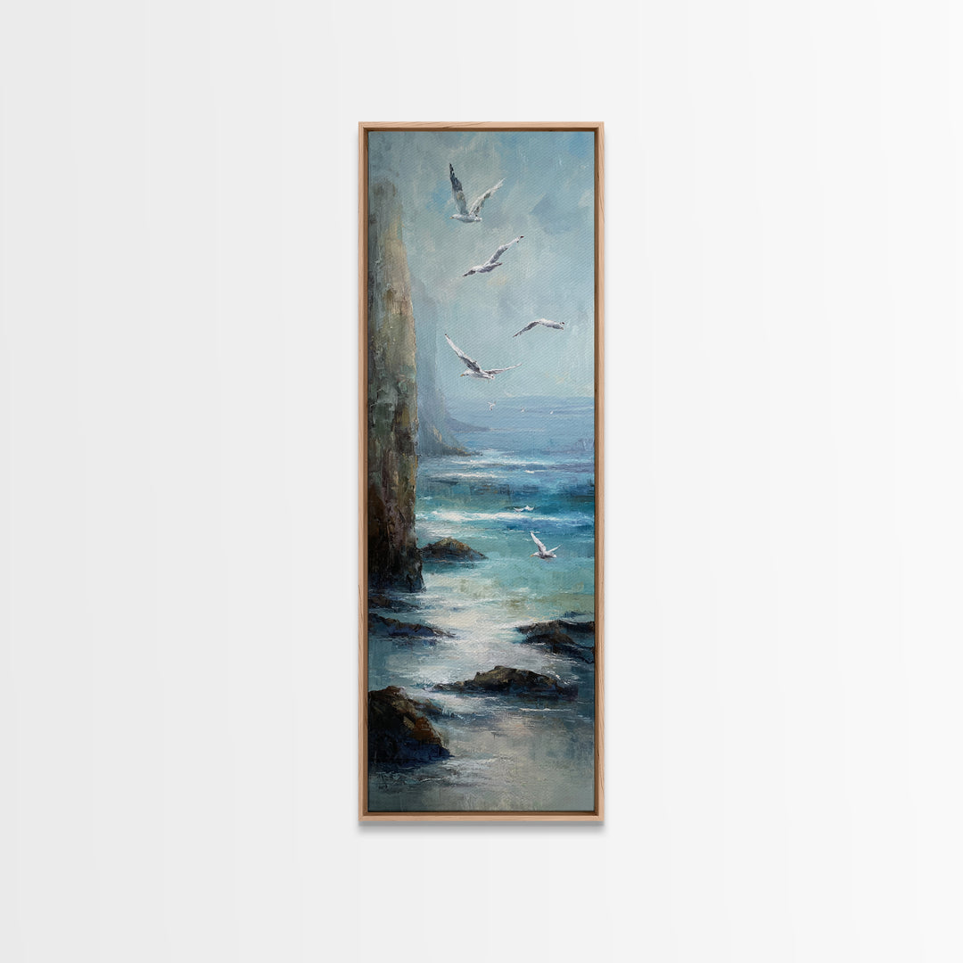 Coastal Cliffs with Gulls and Sea Spray Framed Canvas Print, Beach Art, Digital Wall Art, Coastal Decor, Fine Art, Shore, BEA-1x3-47