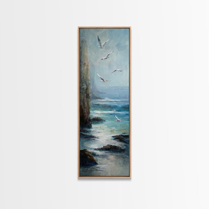 Coastal Cliffs with Gulls and Sea Spray Framed Canvas Print, Beach Art, Digital Wall Art, Coastal Decor, Fine Art, Shore, BEA-1x3-47