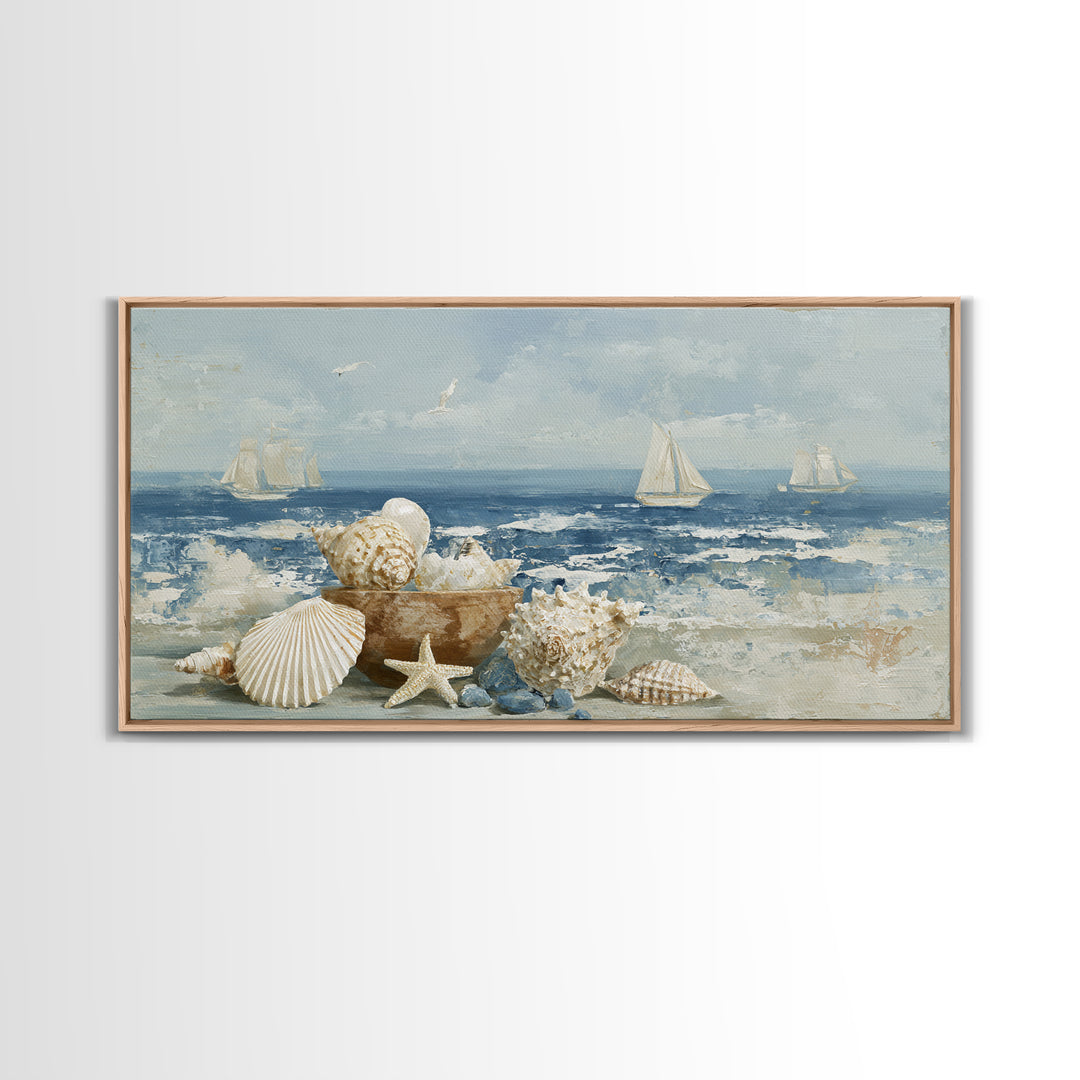 Nautical Rope and Shell Still Life Framed Canvas Print, Beach Art, Minimalist Decor, Coastal Decor, Shore, Original Art, BEA-2x1-13