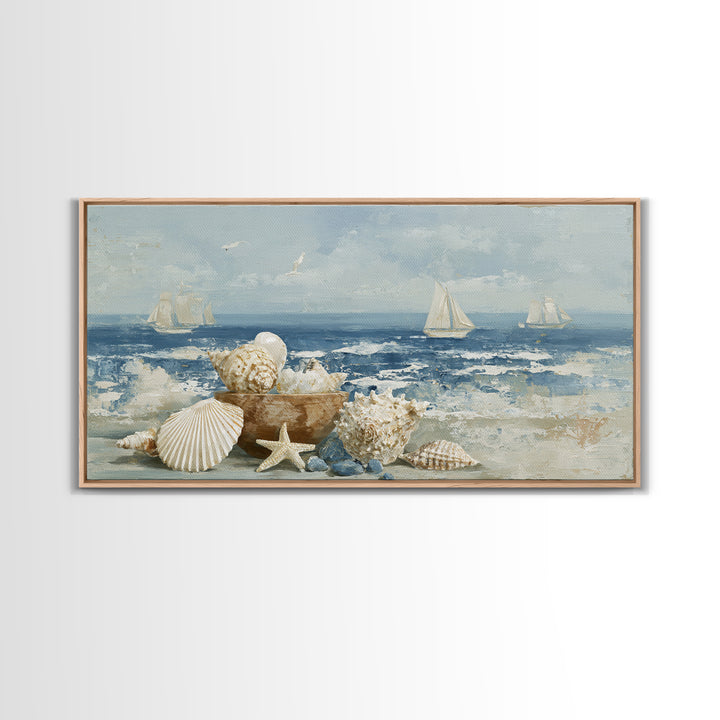 Nautical Rope and Shell Still Life Framed Canvas Print, Beach Art, Minimalist Decor, Coastal Decor, Shore, Original Art, BEA-2x1-13