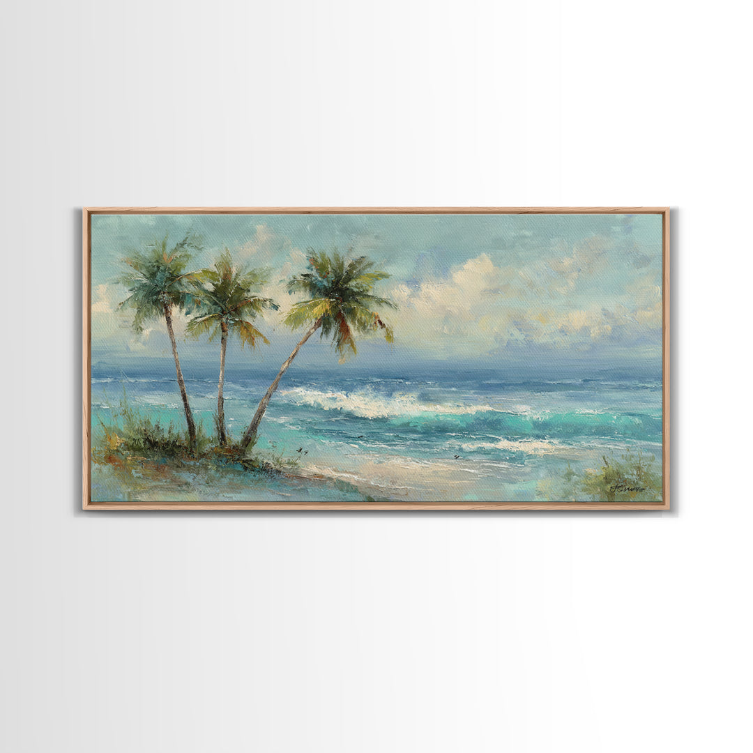 Tropical Palms Leaning Framed Canvas Print, Beach Art, Boho Decor, Coastal Decor, Fine Art, Shore, Art Prints, Digital Art, BEA-2x1-75