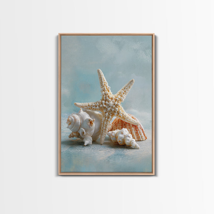 Sun Bleached Starfish and Shells Still Life Framed Canvas Print, Beach Art, Coastal Decor, Oil Painting, Shore, BEA-2x3-21