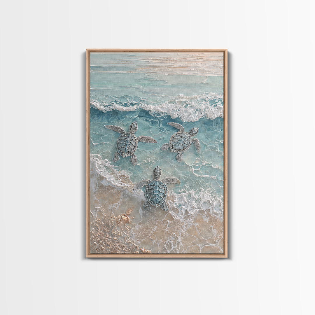 Family of Sea Turtles Crossing Moonlit Sand Framed Canvas Print, Beach Art, Textured Painting, Coastal Decor, Fine Art, Shore, BEA-2x3-22