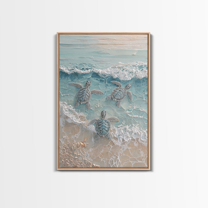 Family of Sea Turtles Crossing Moonlit Sand Framed Canvas Print, Beach Art, Textured Painting, Coastal Decor, Fine Art, Shore, BEA-2x3-22