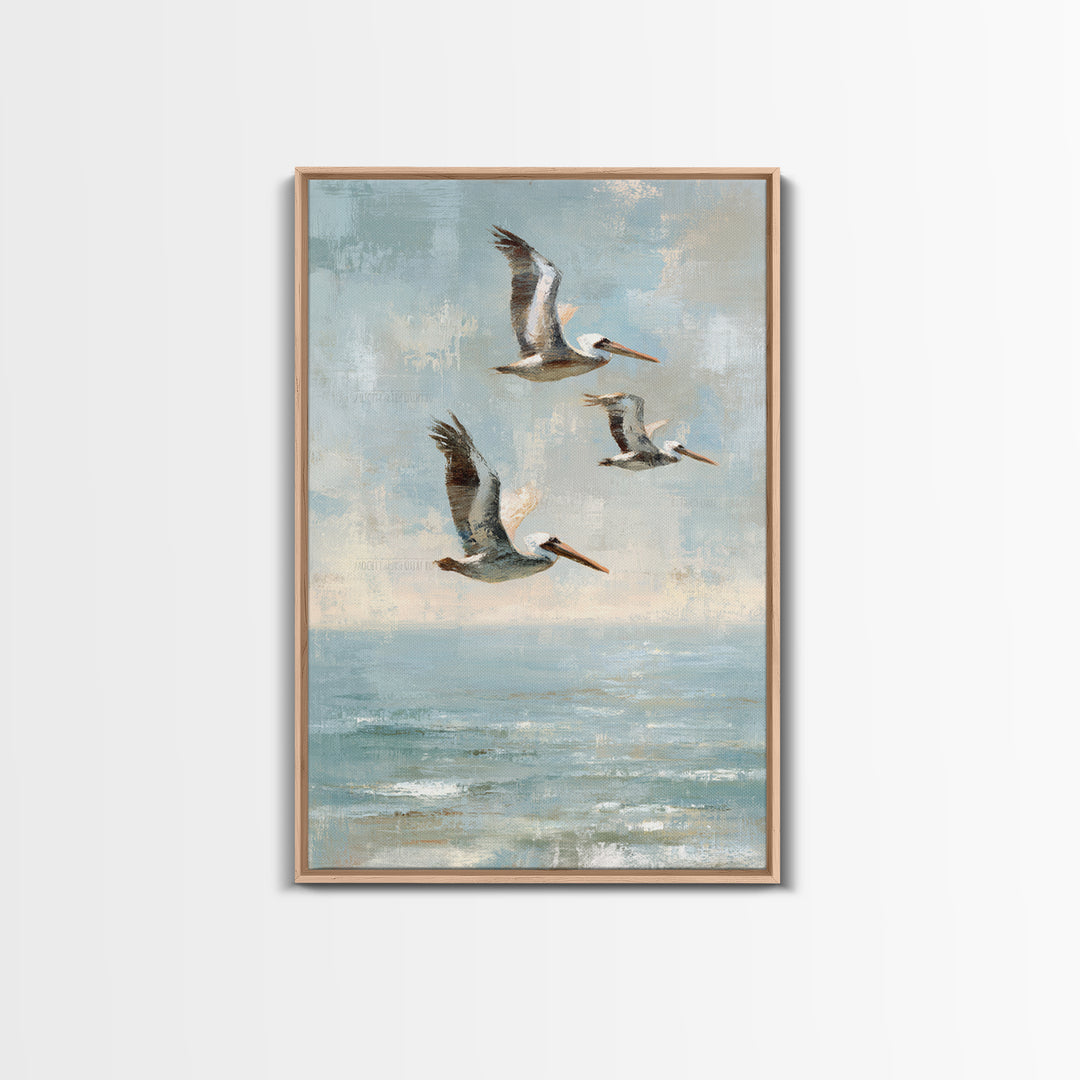 Pelicans Flying Low Framed Canvas Print, Beach Art, Beach Print, Coastal Decor, Fine Art, Shore, Textured Painting, BEA-2x3-3