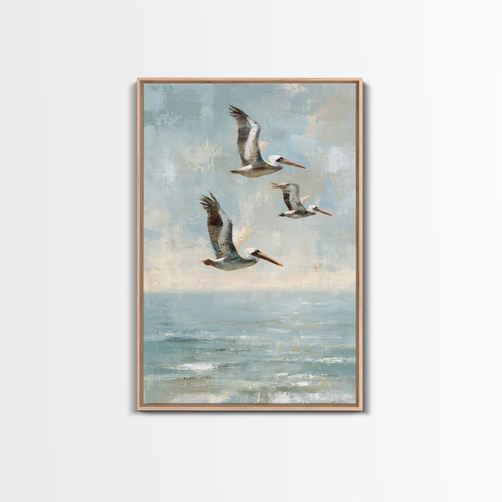 Pelicans Flying Low Framed Canvas Print, Beach Art, Beach Print, Coastal Decor, Fine Art, Shore, Textured Painting, BEA-2x3-3