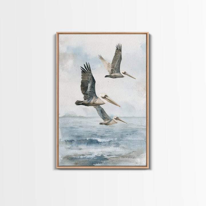 Pelicans Flying Low Framed Canvas Print, Beach Art, Room Decor, Coastal Decor, Oil Painting, Shore, Original Painting, BEA-2x3-51