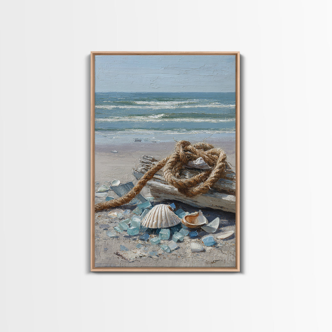 Nautical Rope and Shell Still Life Framed Canvas Print, Beach Art, Original Art, Coastal Decor, Fine Art, Shore, Beach Decor, BEA-2x3-97