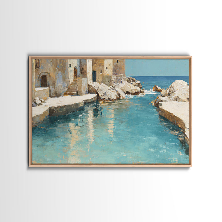 Mediterranean Cove with Clear Water Framed Canvas Print, Beach Art, Whimsical Decor, Coastal Decor, Shore, Beach Print, BEA-3x2-24