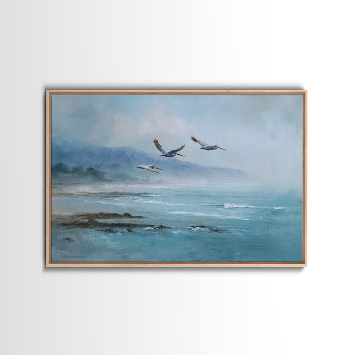 Pelicans Flying Low Framed Canvas Print, Beach Art, Room Decor, Coastal Decor, Oil Painting, Shore, Original Painting, BEA-3x2-47