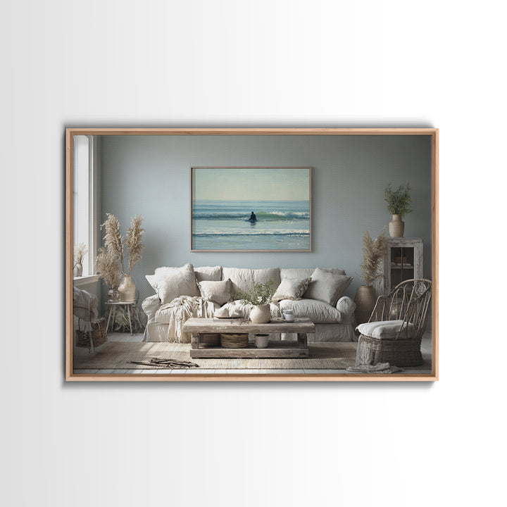 Surfer Silhouette Riding a Glassy Wave Framed Canvas Print, Beach Art, Art, Coastal Decor, Oil Painting, Shore, BEA-3x2-91