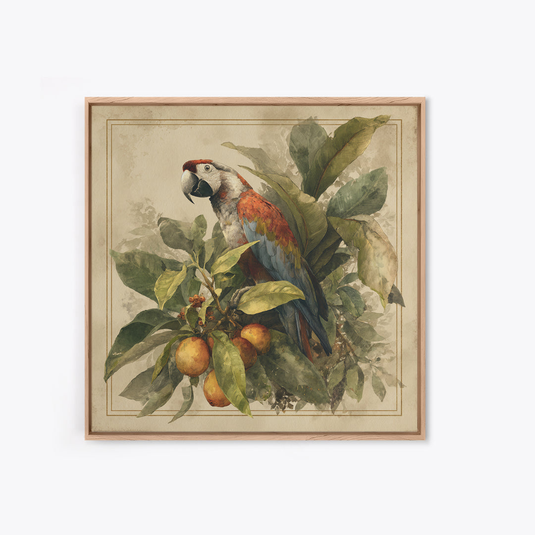 Parrot Among Tropical Leaves and Fruit Canvas Print, Bird Art, Living Room Art, Living Room Decor, Watercolor Art, Flight, BIR-1x1-13