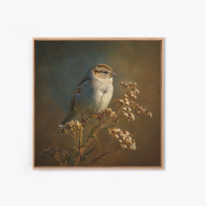 Small Sparrow on Wildflower Stem Canvas Print, Bird Art, Mid Century Wall Art, Living Room Decor, Flight, Fine Art Print, BIR-1x1-14