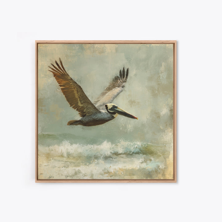 Pelican Flying over Coastal Waves Canvas Print, Bird Art, Modern Art, Living Room Decor, Fine Art, Flight, Floral Art, BIR-1x1-18