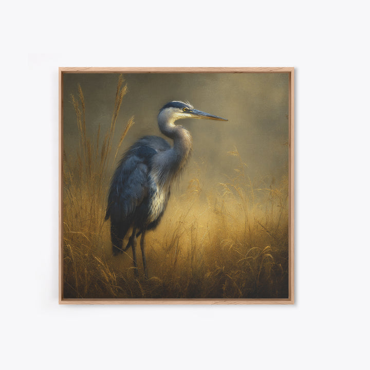 Blue Heron in Misty Marsh Grass Framed Canvas Print, Bird Art, Gallery Wall, Living Room Decor, Fine Art, Flight, Gallery Decor, BIR-1x1-2