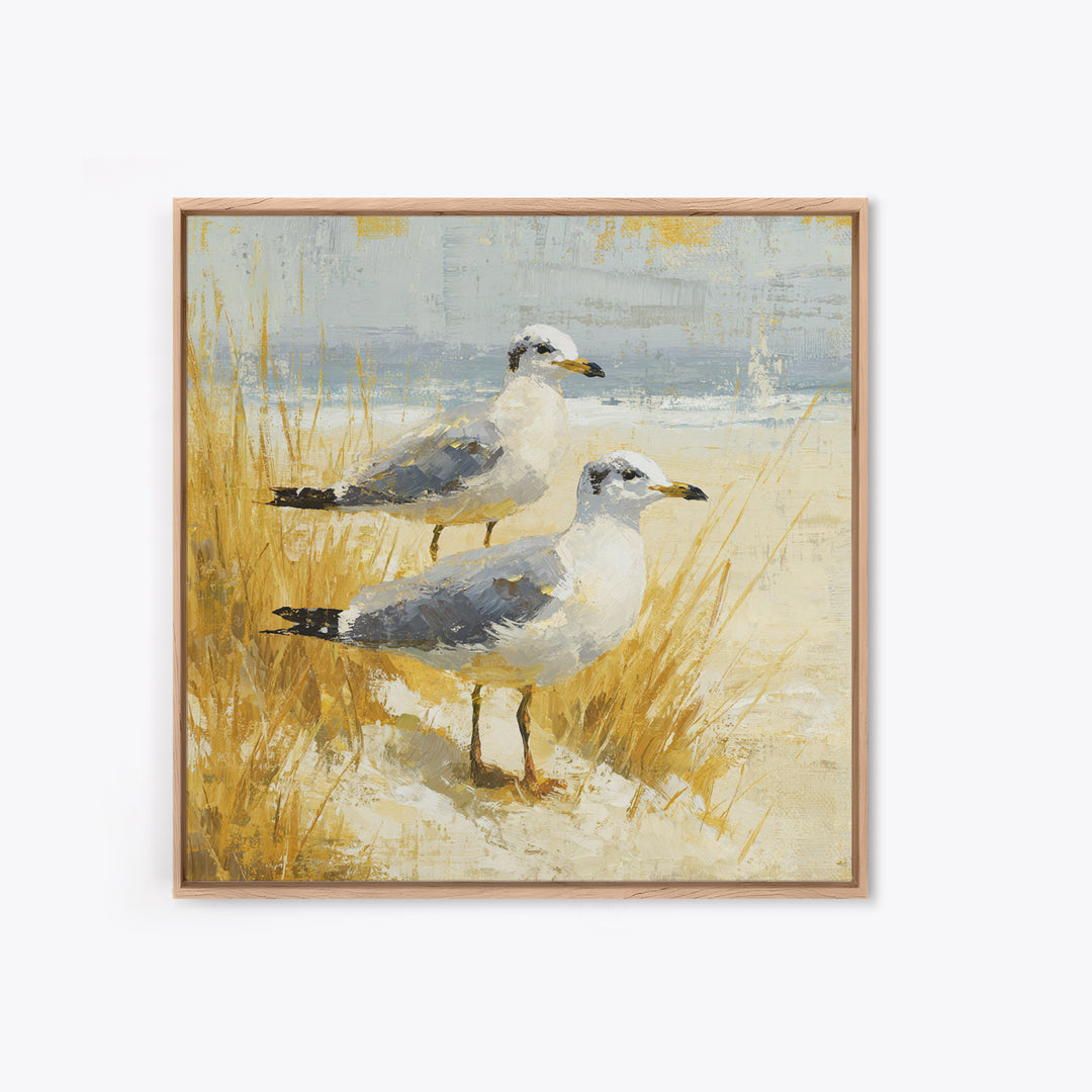 Seagulls Above a Pale Beach Horizon Canvas Print, Bird Art, Mid Century Modern, Living Room Decor, Flight, Botanical Wall Art, BIR-1x1-20