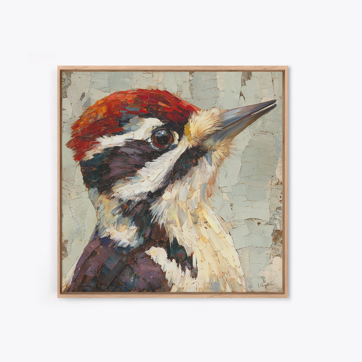 Woodpecker on Birch Bark Texture Framed Canvas Print, Bird Art, Bird Wall Art, Living Room Decor, Fine Art, Flight, Art Print, BIR-1x1-21