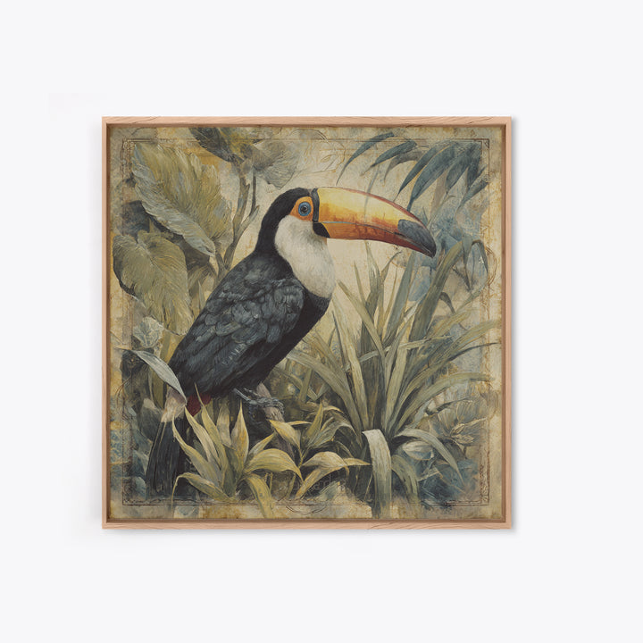 Toucan Framed by Bold Jungle Foliage Canvas Print, Bird Art, Printable Art, Living Room Decor, Flight, Mid Century Wall Art, BIR-1x1-23