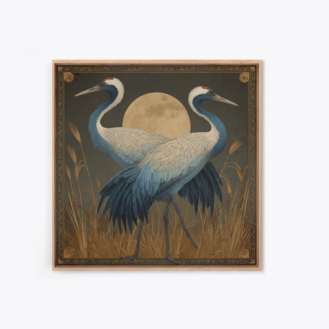 Pair of Cranes Dancing Framed Canvas Print, Bird Art, Living Room Decor, Fine Art, Flight, Rustic Home Decor, Floral Art, BIR-1x1-27