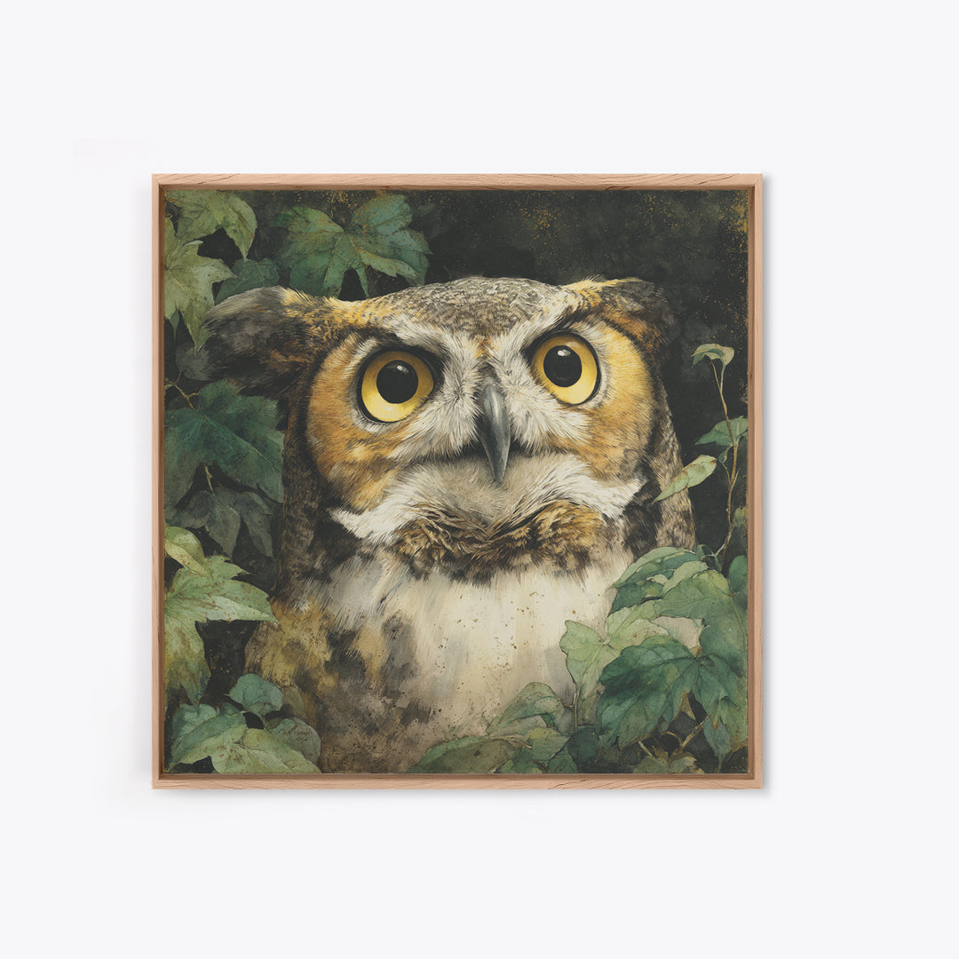 Owl Portrait with Wise Golden Eyes Framed Canvas Print, Bird Art, Fine Art Print, Living Room Decor, Fine Art, Flight, BIR-1x1-29