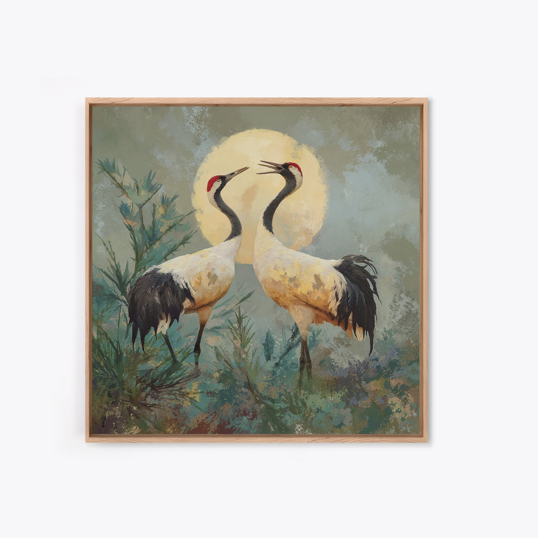 Pair of Cranes Dancing Canvas Print, Bird Art, Farmhouse Decor, Living Room Decor, Abstract Art, Flight, Digital Download Art, BIR-1x1-3