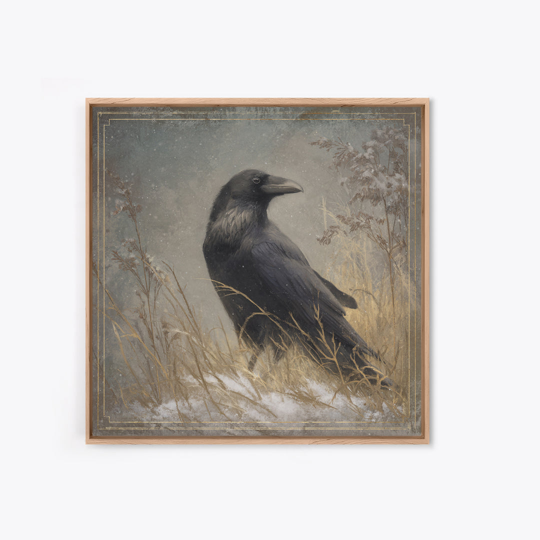 Raven Silhouette with Gothic Atmosphere Framed Canvas Print, Bird Art, Statement Artwork, Living Room Decor, Abstract Art, BIR-1x1-33