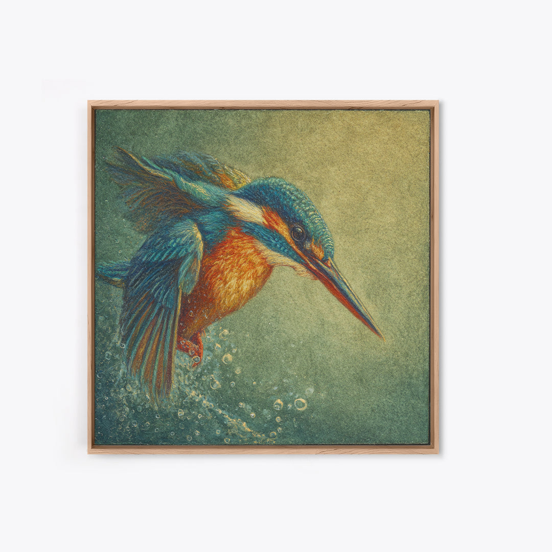 Kingfisher Diving Toward Blue Water Canvas Print, Bird Art, Botanical Wall Art, Living Room Decor, Flight, Forest Wall Art, BIR-1x1-35