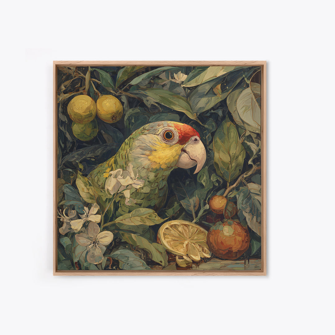 Parrot Among Tropical Leaves and Fruit Framed Canvas Print, Bird Art, Forest Wall Art, Living Room Decor, Oil Painting, Flight, BIR-1x1-37